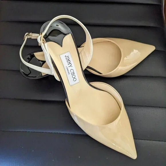 Jimmy Choo Women Patent Leather Pointed Colorblock Slingbacks Beige/Blk - Picture 1 of 10